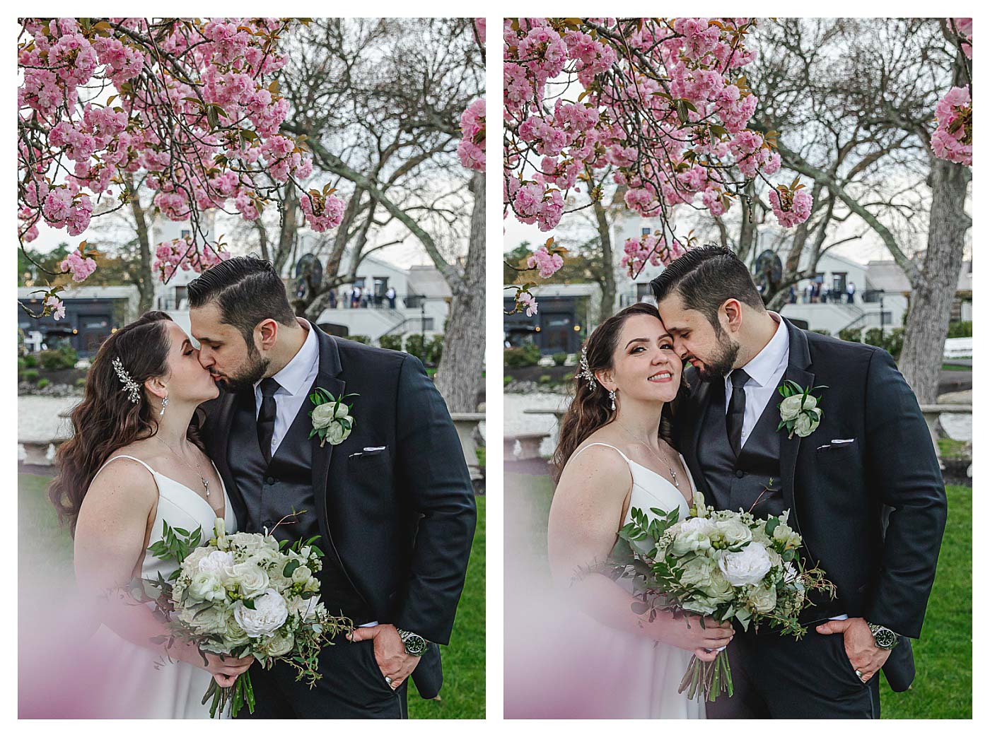 wedding couple outside with pink trees