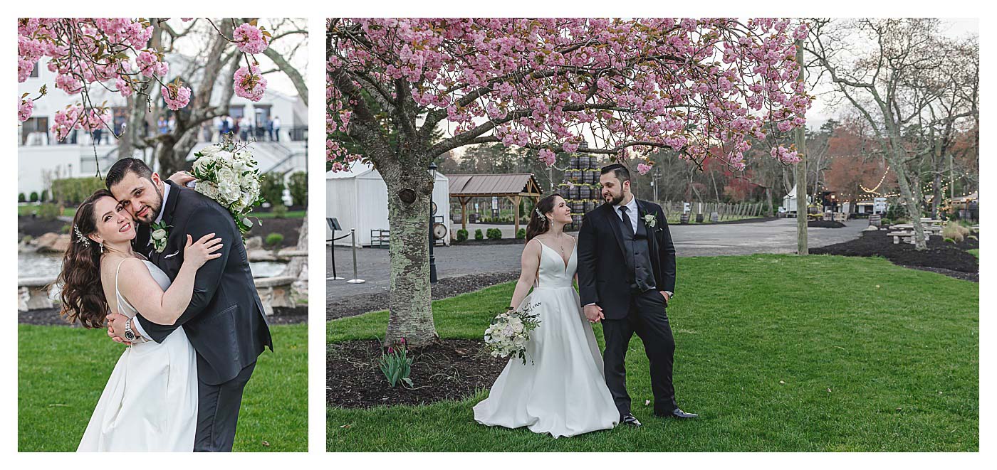 wedding couple outside with pink trees