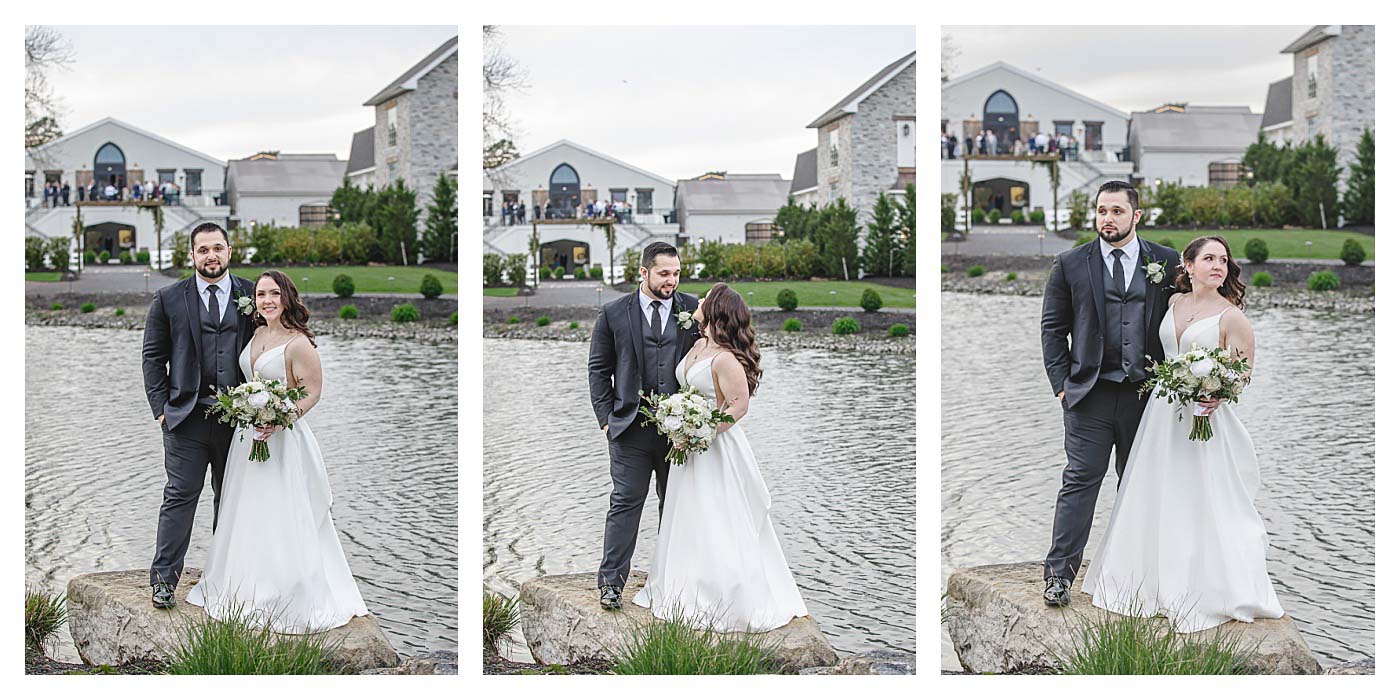 wedding couple standing on rock near pond