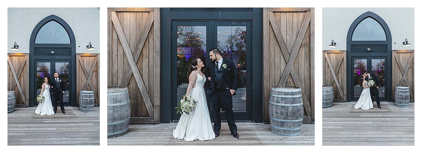 wedding couple on deck at renault winery