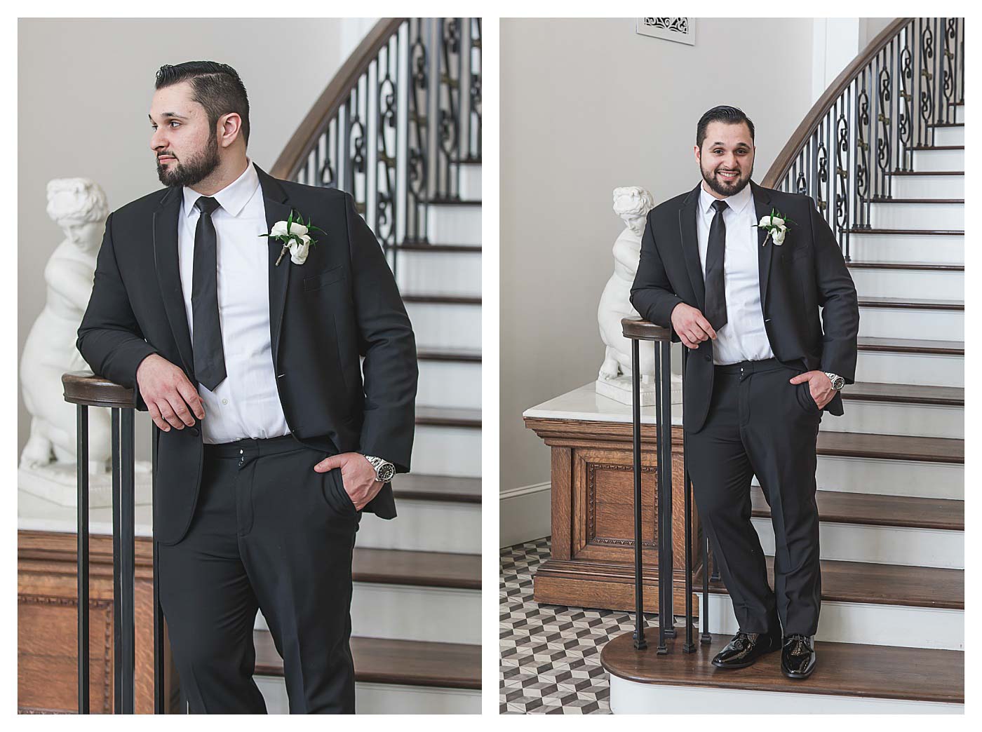 groom posing on steps