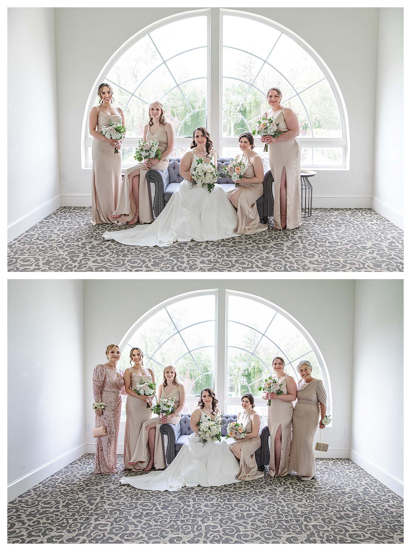 bride with bridal party sitting in front of window