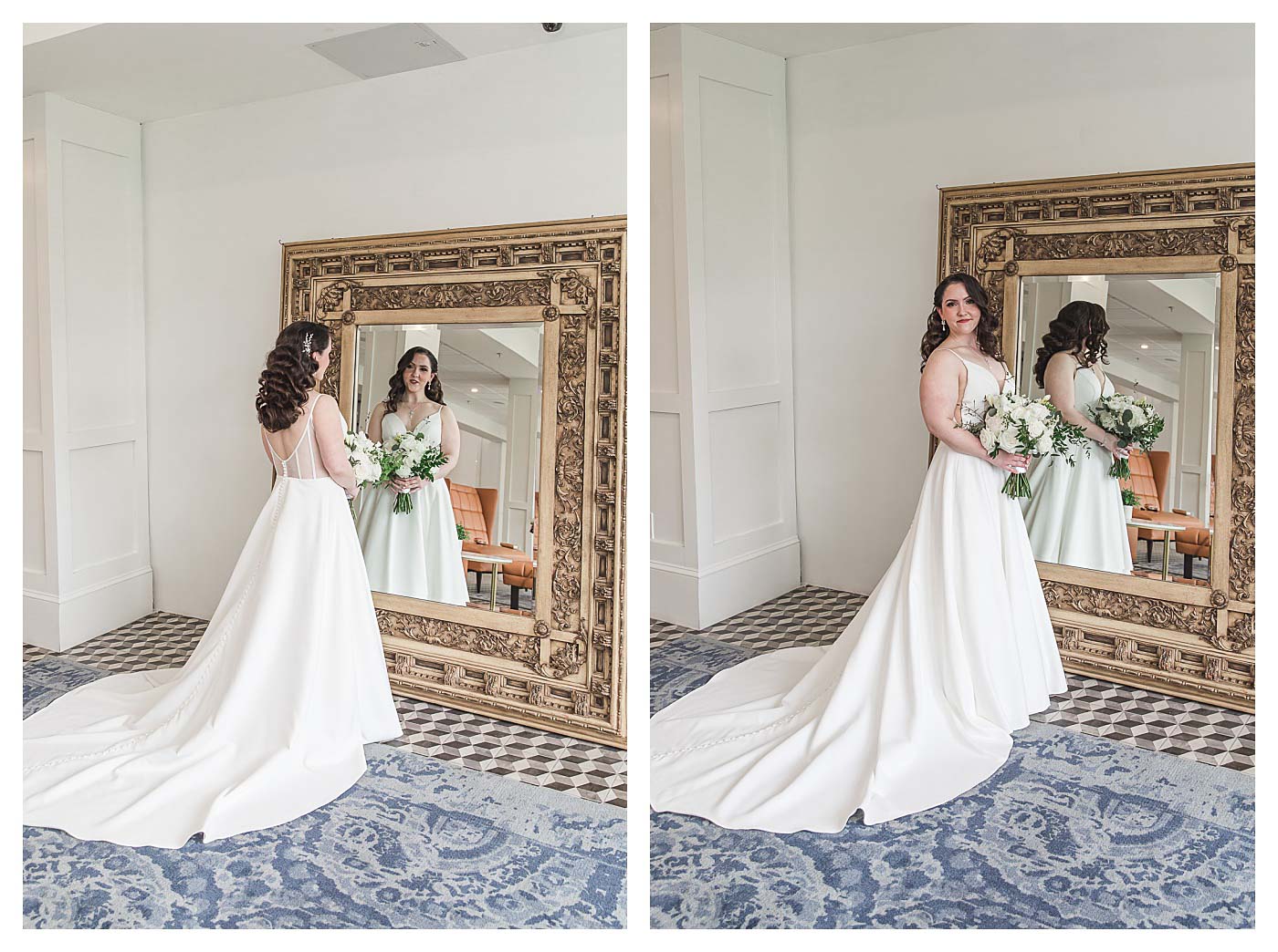 bride standing in front of mirror at renault winery