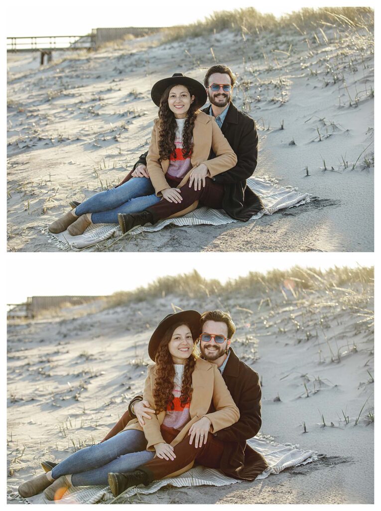 engagement couple posing on beach