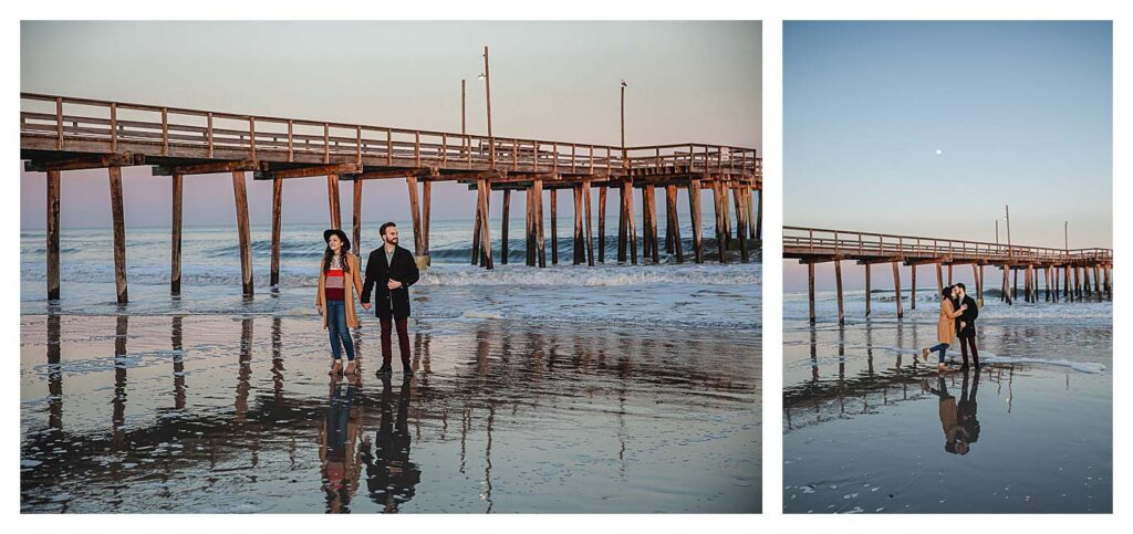 couple standing in front of pier with moon in sky Avalon Beach Engagement Session
