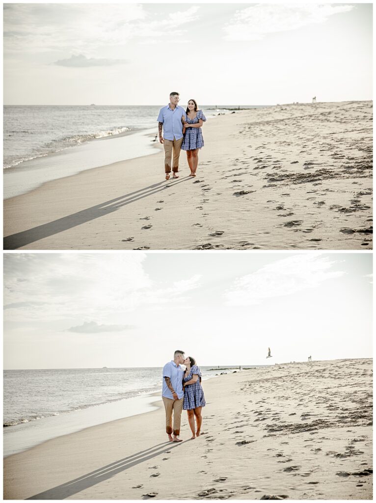 engaged couple walking on beach for photo session
