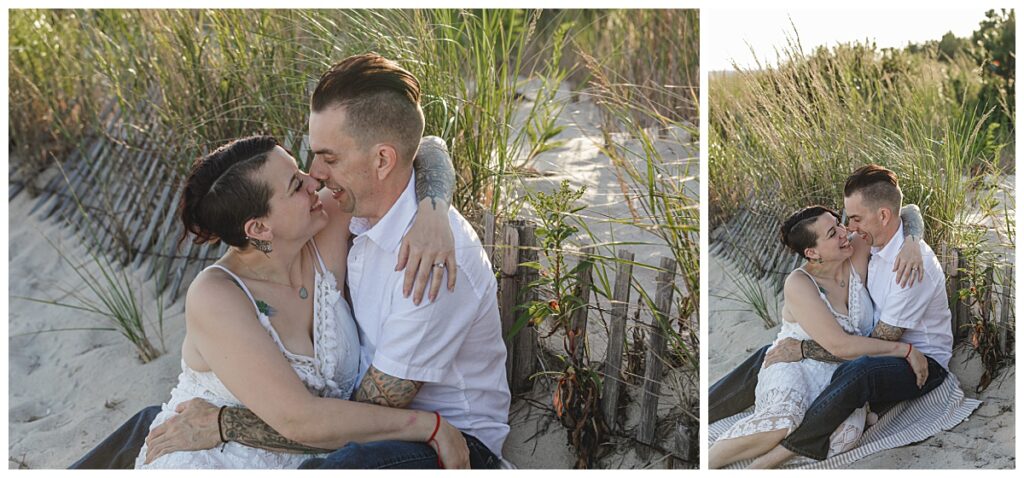 couple kissing at engagement session in cape may