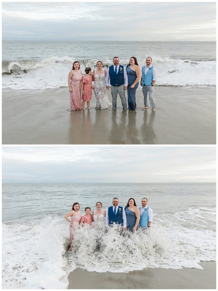 wedding party standing on beach