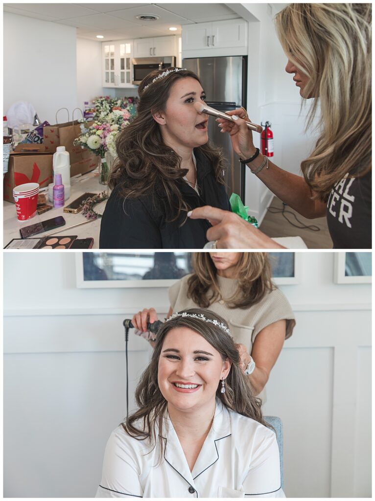 Lauren smiling as her hair and makeup is done the morning of her wedding in avalon, nj
