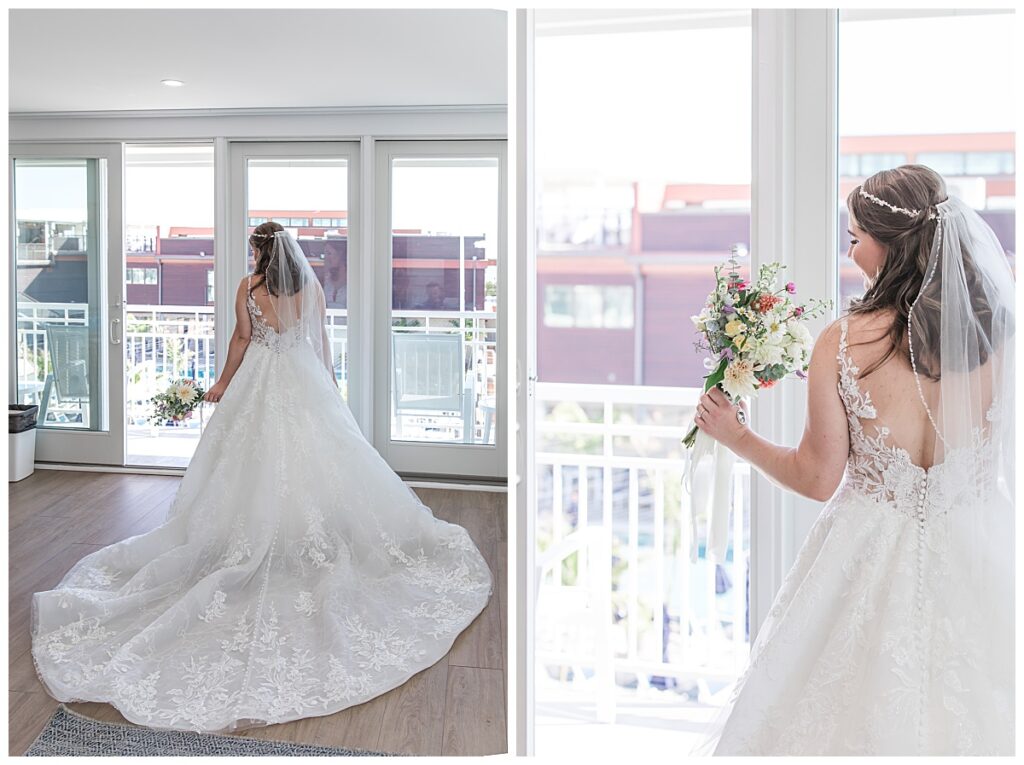 Lauren in her beautiful wedding dress on her wedding day at the ICONA Windrift