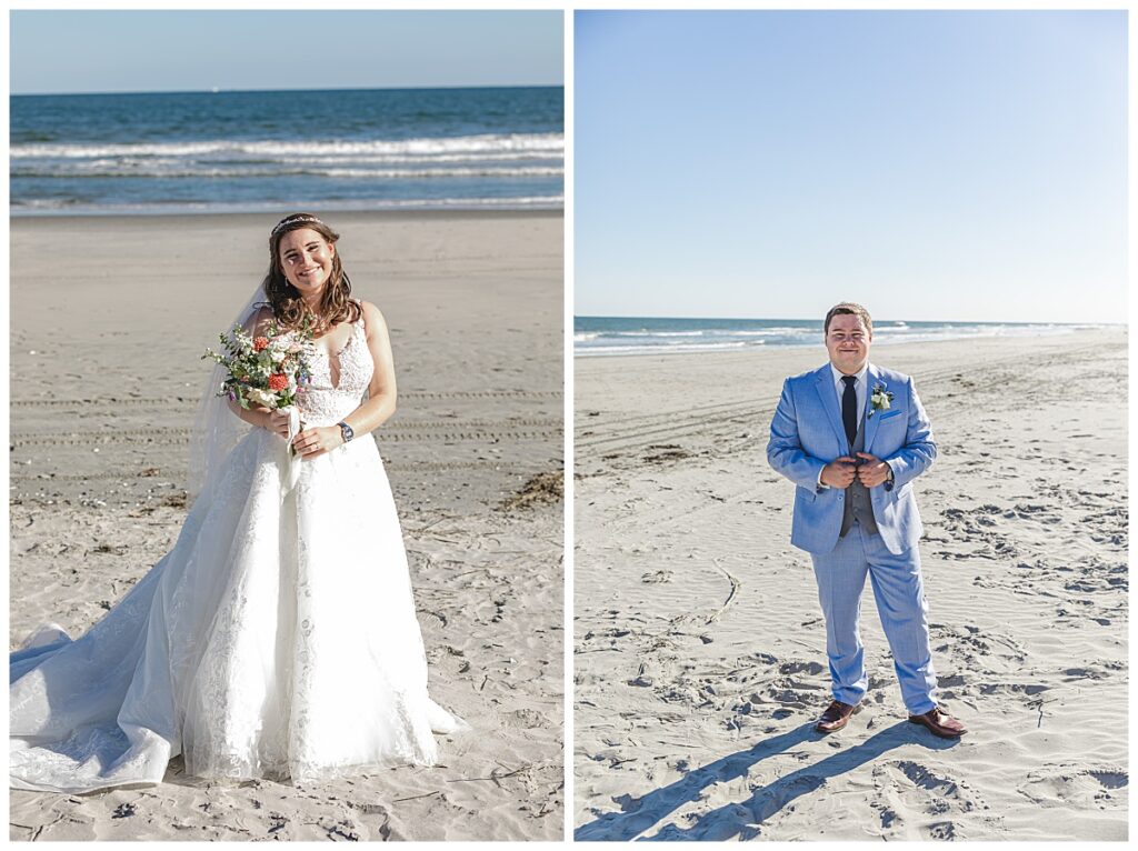Lauren in her wedding gown and Zach in his suit on the beach in Avalon, NJ