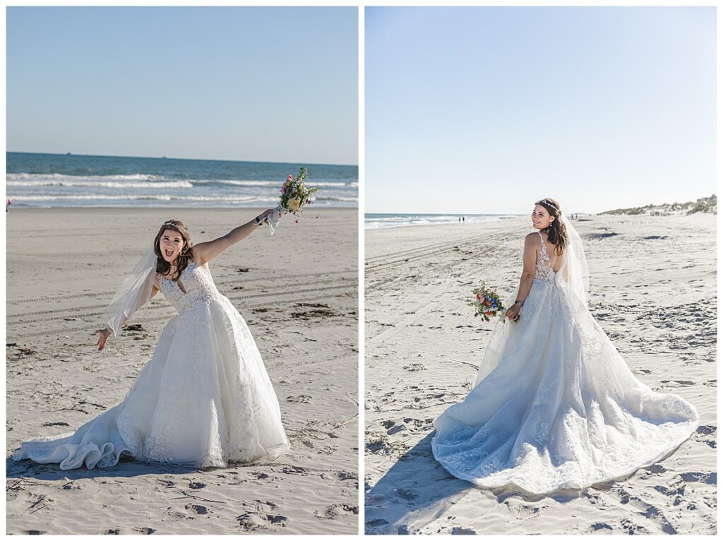 Lauren standing on the beach in her wedding gown on the beach near the ICONA Windrift