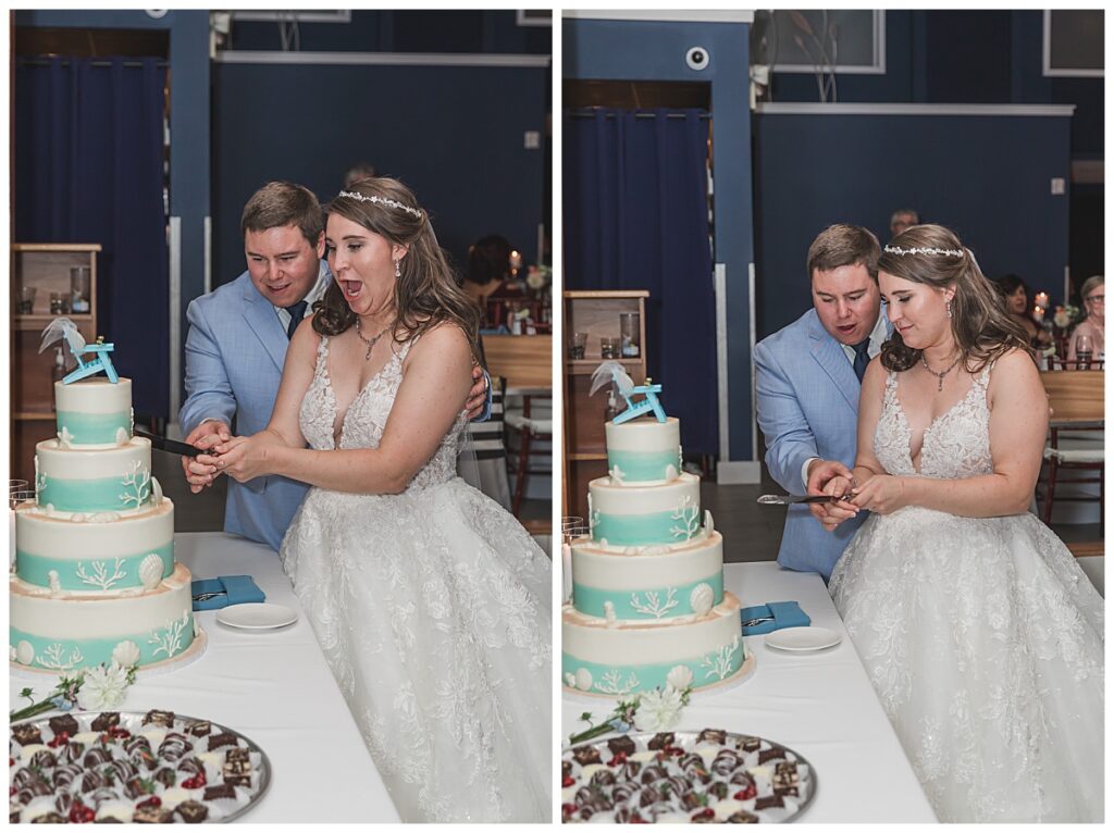 Lauren and Zach cutting their wedding cake