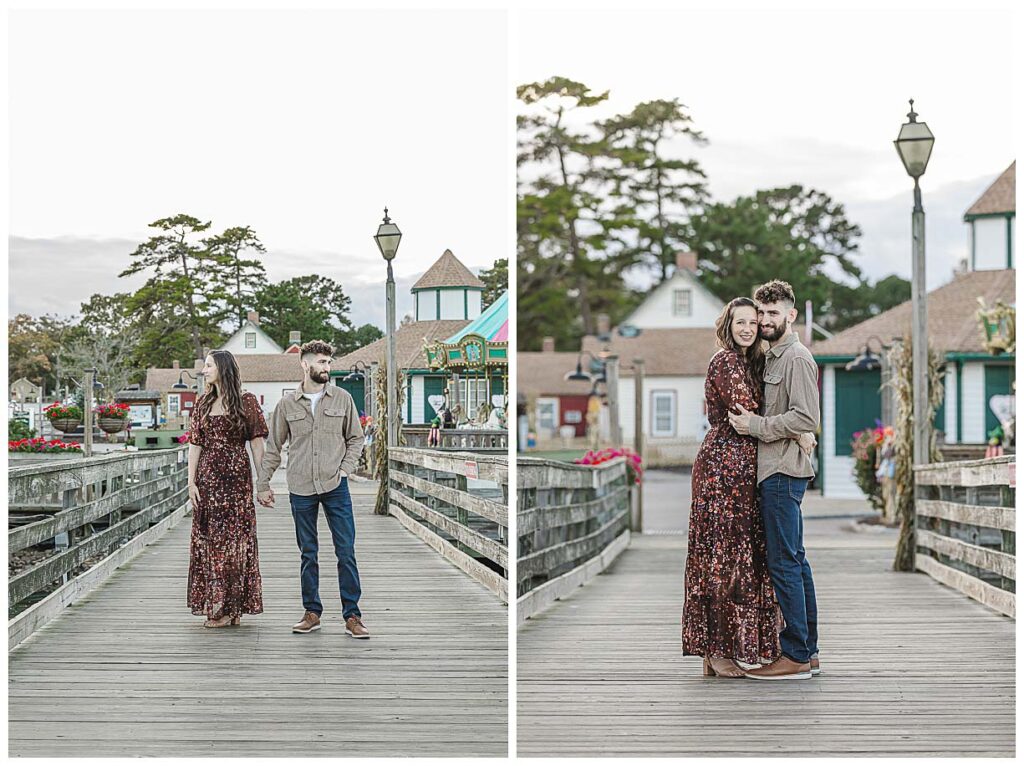 couple posing on bridge for photos