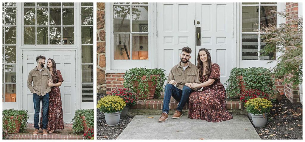 engaged couple posing for photos in front of a white door at smithville.