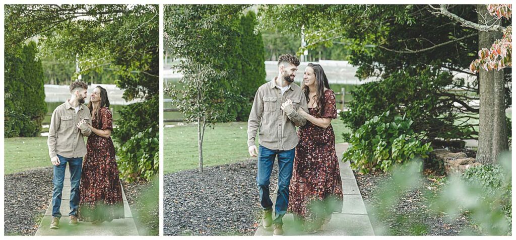 couple walking on path during engagement session