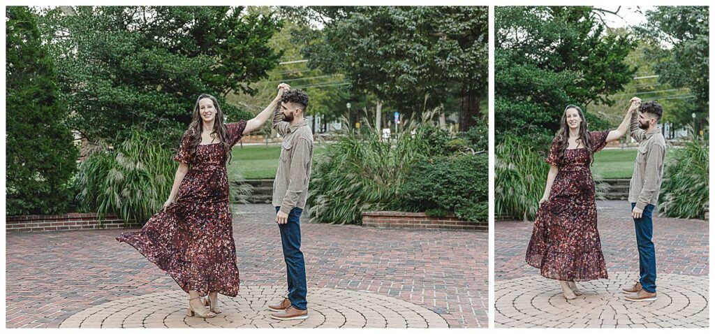 engaged couple dancing for photos
