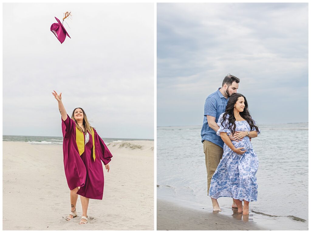 a college graduate on beach and a maternity session on beach