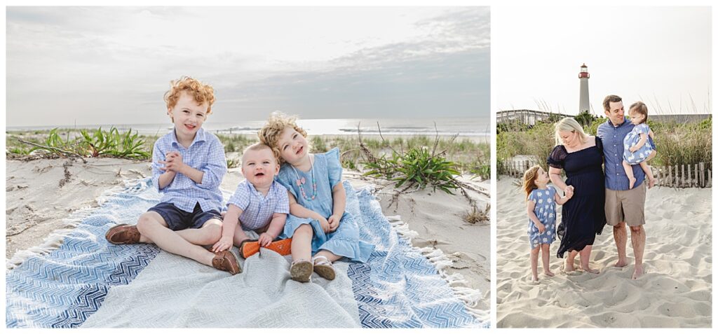 kids sitting on a blanket on beach in LBI and a family of 4 standing on beach in cape may