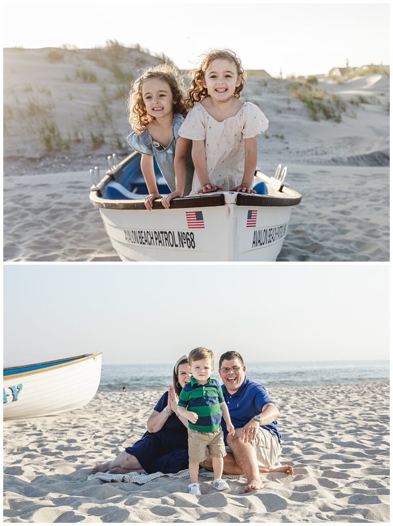 kids playing in a boat on beach in Avalon NJ and a family on the beach in cape may