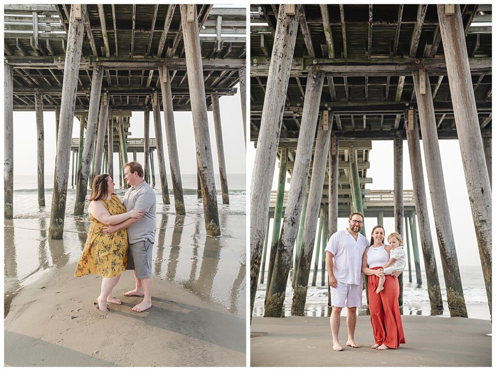 an engaged couple standing under the pier in Ocean City and a family under the pier