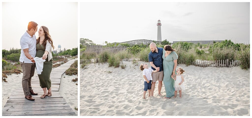 A couple during a maternity session standing on beach in LBI. And a family on the beach with lighthouse in the background in Cape May NJ