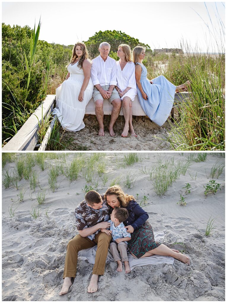A family sitting on a rail near beach in Cape May NJ and a family sitting on the beach in Ocean city NJ