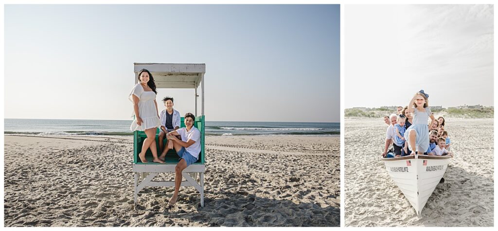 Siblings sitting and standing in a life guard stand in Ocean City NJ