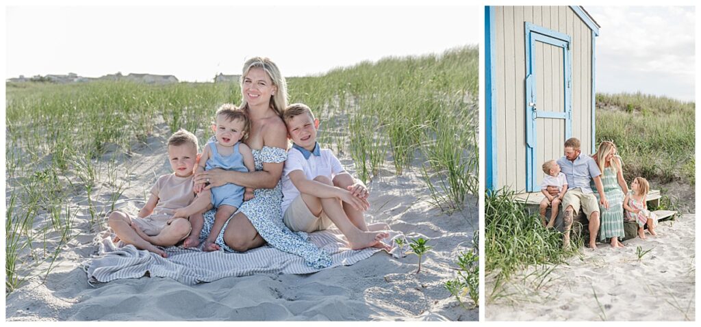 a mom sitting on beach with her boys and a family sitting on a life guard stand in Brigatine NJ