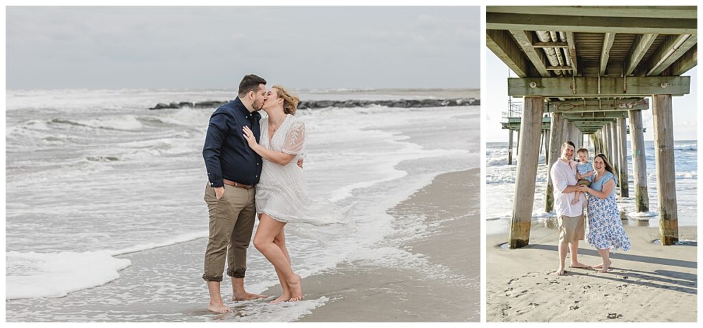 a couple kissing on beach for their engagement session in Ocean city NJ. and a couple under a pier near Atlantic City Nj