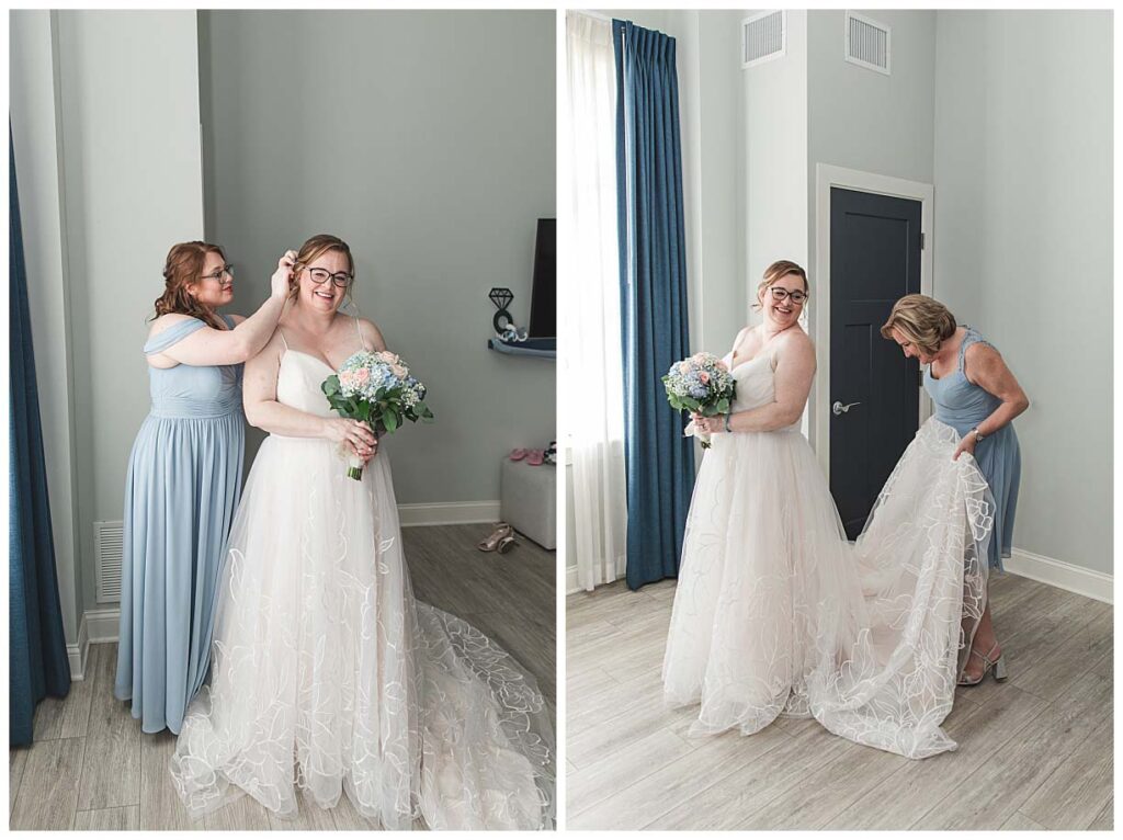 bridesmaids helping bride with wedding dress at hotel LBI in south jersey