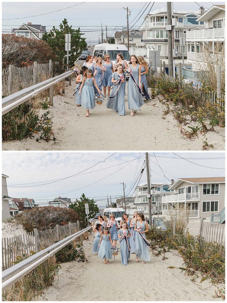 bridesmaids walking to beach in LBI New Jersey