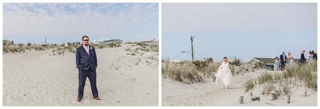 bride and groom on beach setting up for a first look in LBI NJ