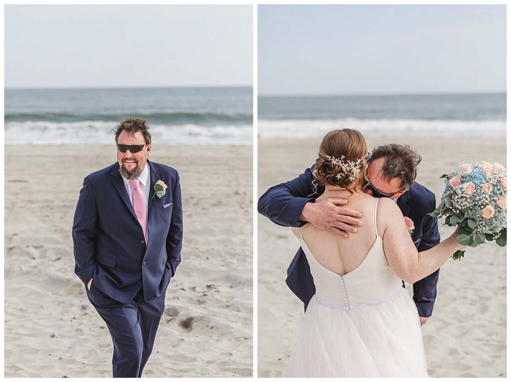 grooms reaction to seeing his bride for the first time on beach in LBI