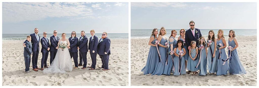 bride with groomsmen and groom with bridesmaids on beach in LBI