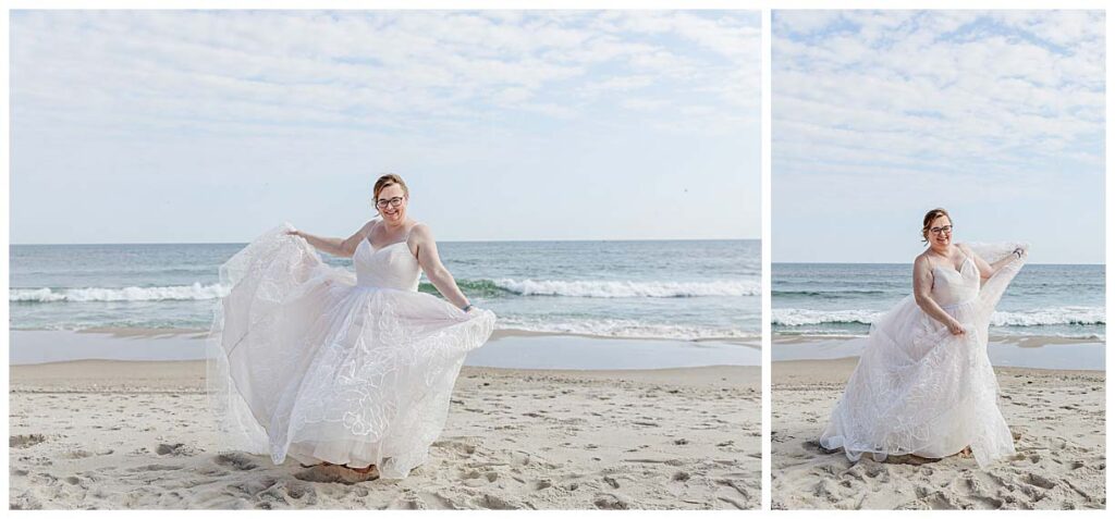 bride in wedding dress on beach in LBI before her wedding