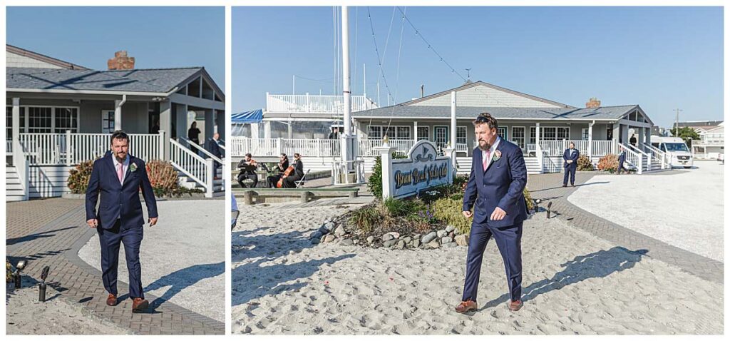 groom walking to wedding ceremony at brant beach yacht club