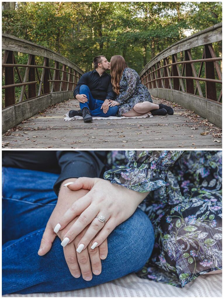engagend couple sitting on a bridge for their engagement session
