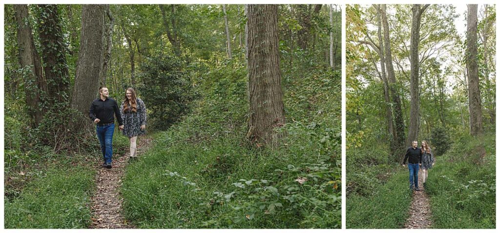 engaged couple walking and dancing on wooded path in mercer county