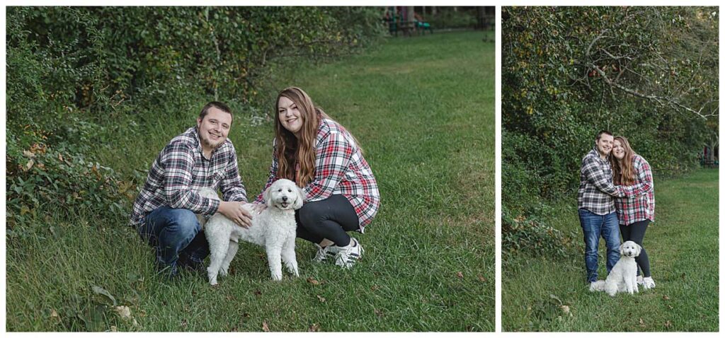 engaged couple posing with dog