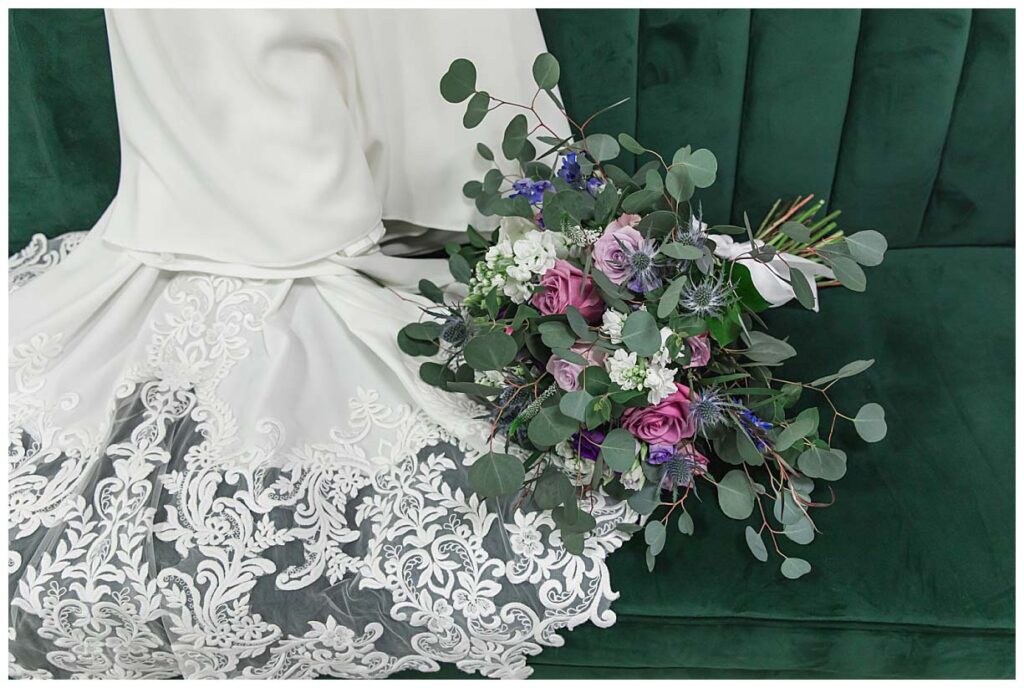wedding dress and bouquet at running deer county club