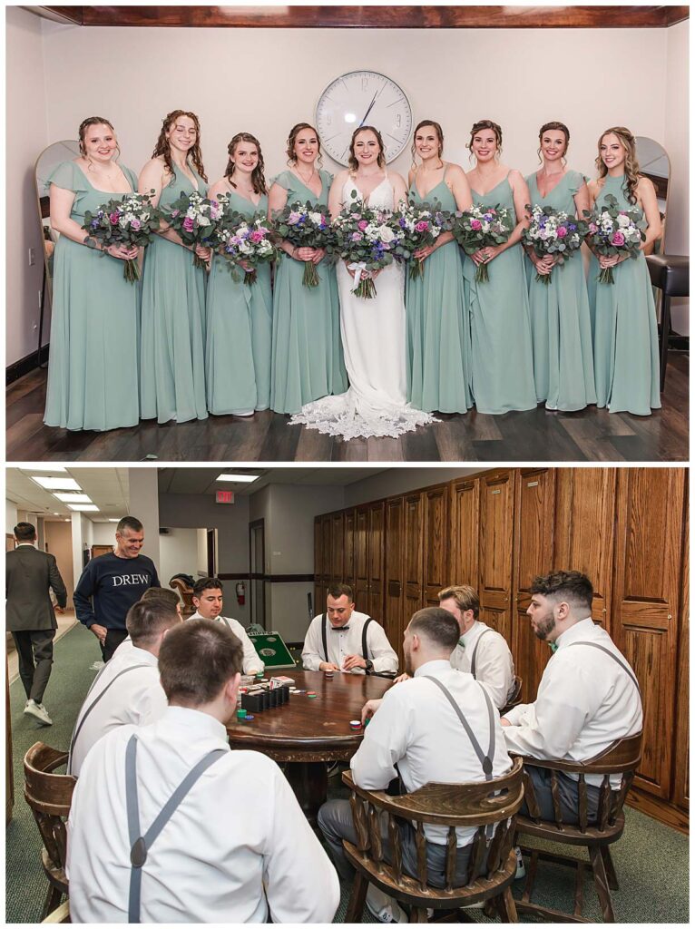 bride with bridesmaids and groom playing poker at running deer golf club