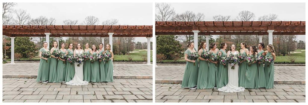 bride and bridesmaids standing outside for photos at running deer golf club