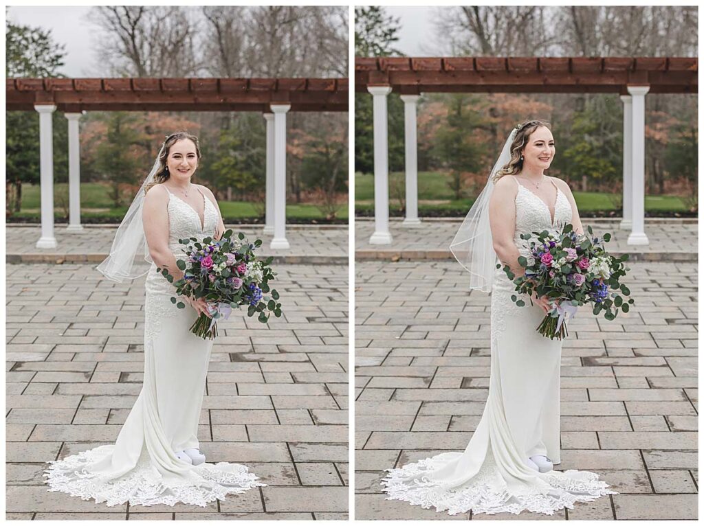 bride  standing outside for photos at running deer golf club