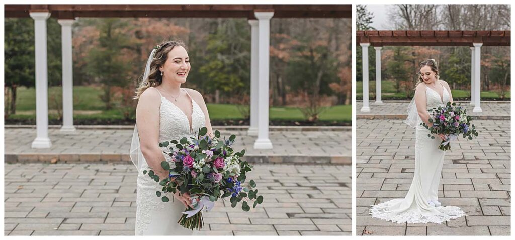 bride standing outside for photos at running deer golf club
