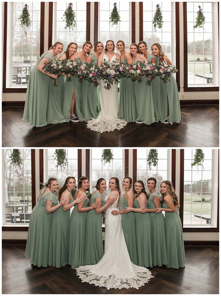 bride and bridesmaids standing inside for photos at running deer golf club