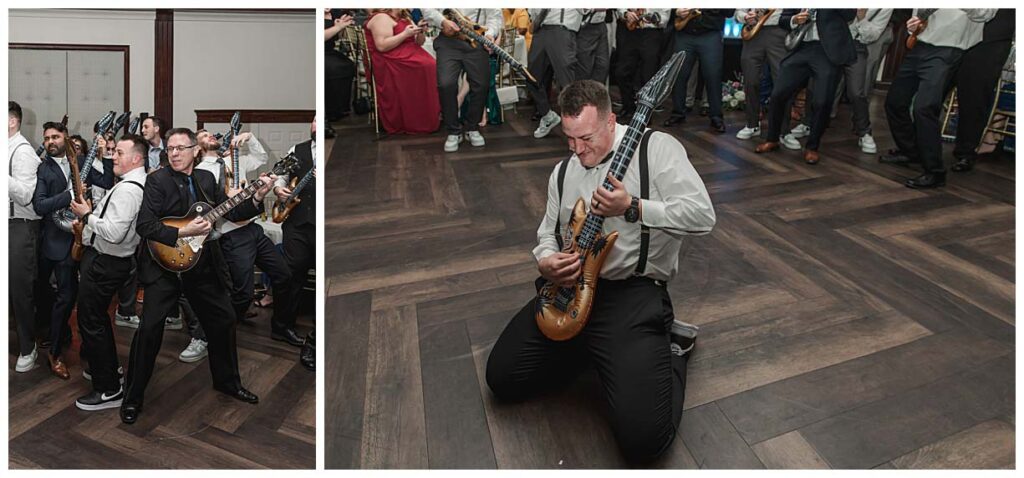groom dancing with fake guitar
