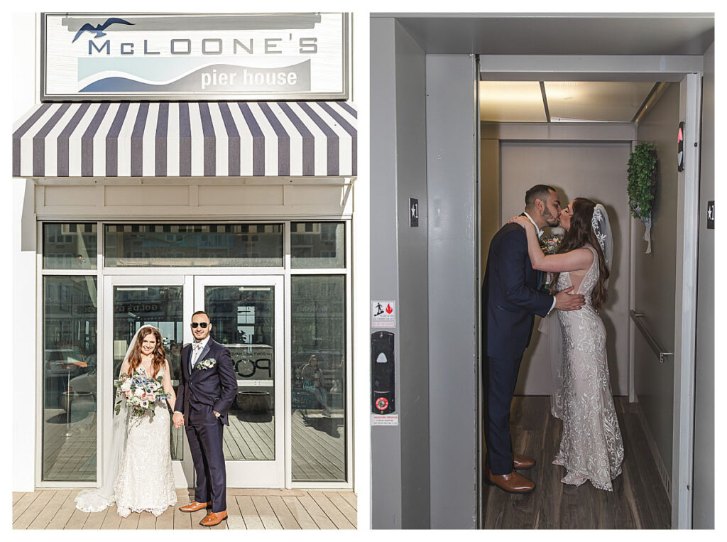 couple standing in front of venue sign and in elevator