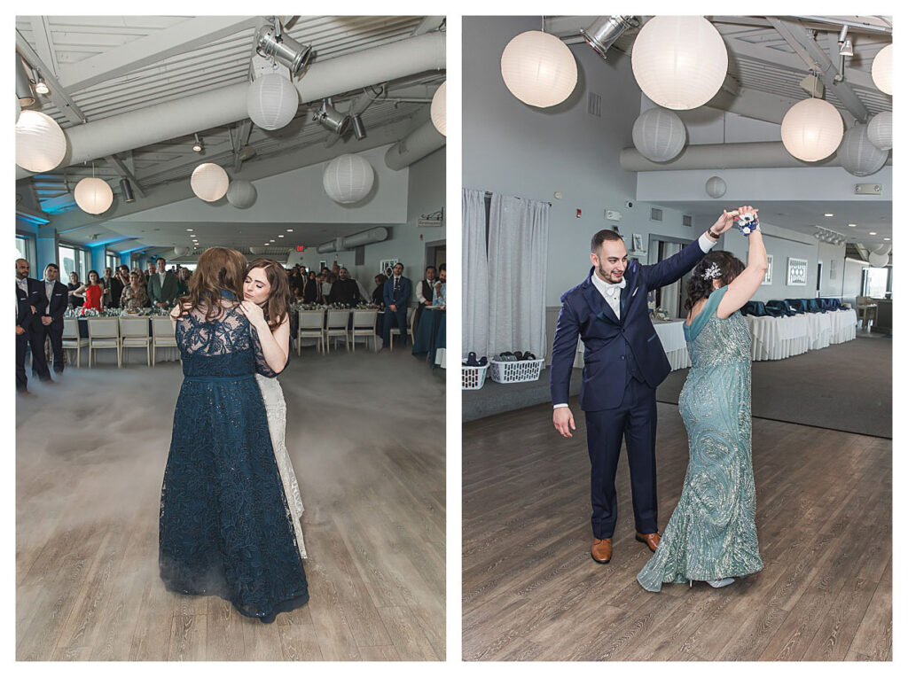 bride dancing with mon and groom with his mom