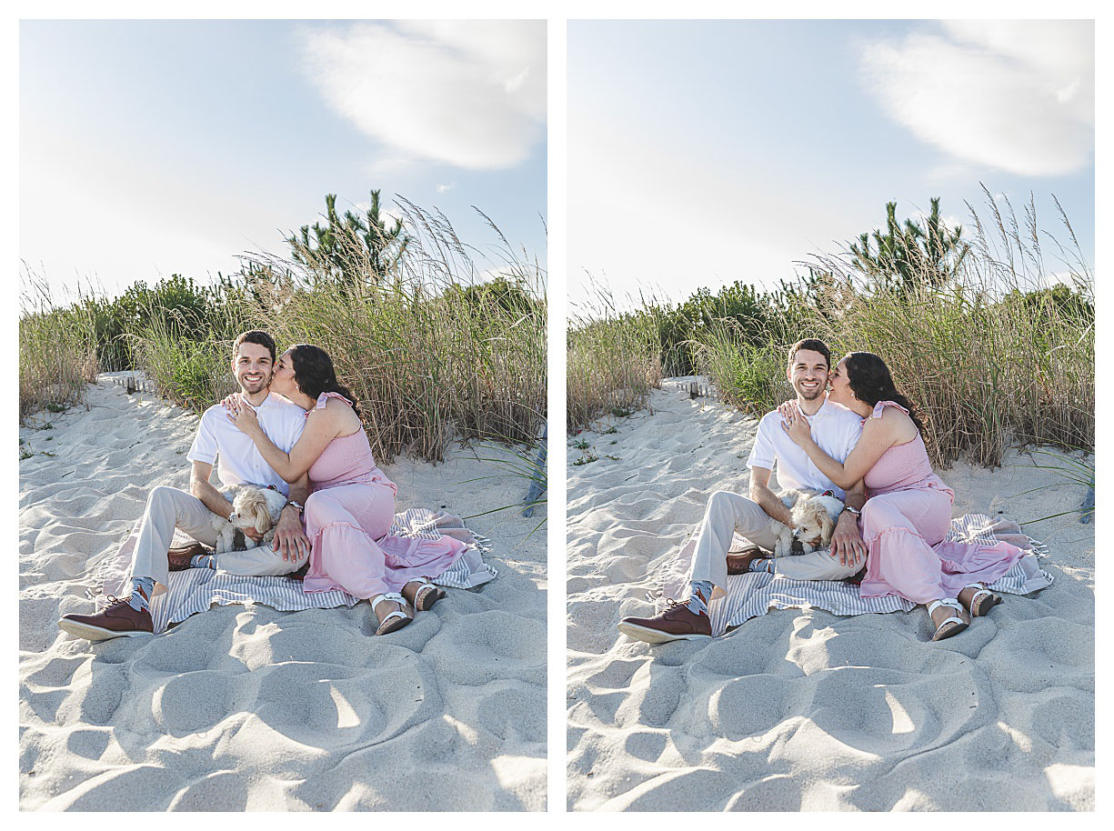 couple sitting on beach in cape may for their engagement session